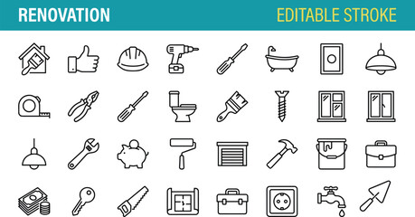 Home renovation icons, construction tools, DIY repair, editable stroke, black line vector, maintenance, improvement, plumbing, electrical, painting, budgeting, interior design
