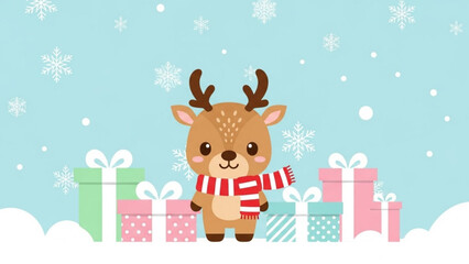 Fototapeta premium Cute cartoon reindeer with gifts and snowflakes