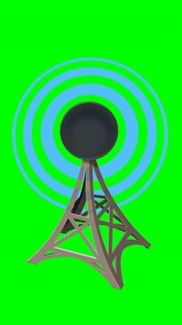 Looping animation of a 3D communication/transmission tower with a parabolic dish emitting blue signal waves. Isolated on green chroma key with alpha channel. Concept for broadcasting, network, or data