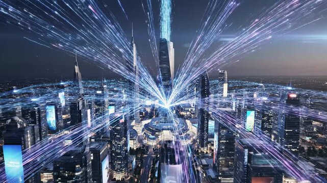 Futuristic City Network - A vibrant futuristic cityscape with glowing skyscrapers is connected by a blue data network.
