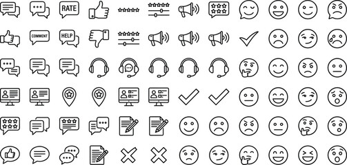 Comprehensive feedback and emoji icon set featuring ratings, reactions, communication, customer support, reviews, emotions, and user interaction elements in clean line style.