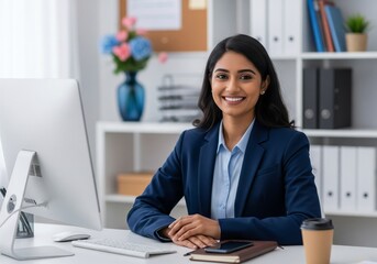 Young Indian businesswoman smiling at her modern office desk.