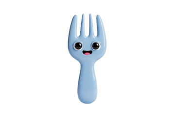 Cartoonstyle light blue fork character with big eyes and a smile isolated