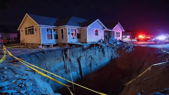 Dramatic Sinkhole Devouring Suburban Home at Night with Emergency Vehicles, Property Damage, Geological Disaster, and Safety Concerns