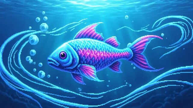 Neon pink and blue fish swimming underwater in seamless animated marine loop.