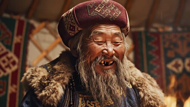 Elderly Eastern Nomadic Man in Traditional Attire - A close-up of an elderly eastern nomadic man, smiling warmly inside a richly decorated tent.