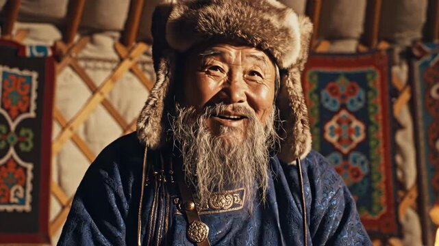 Elderly Nomadic Man in Traditional Tent - This close-up shot features an elderly Eastern nomadic man with a beard wearing traditional clothing and a fur hat.