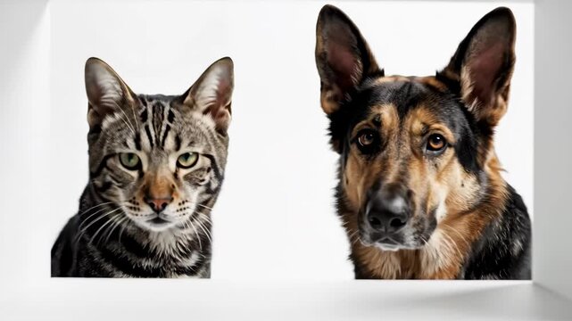 Minimalist Cat and Dog Close-Up in Modern Setting - A close-up video of a serene cat and an attentive dog in a minimalist, modern setting.
