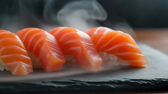 A close-up shot of four fresh salmon nigiri sushi pieces with steam rising from them on a dark slate surface.