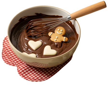 Gingerbread man and hearts in melted chocolate isolated on transparent background
