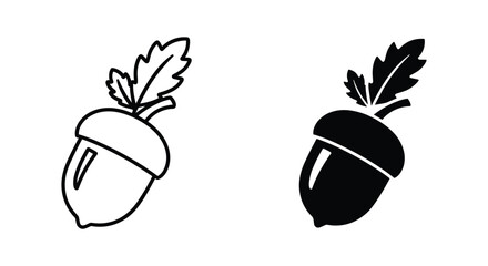 Acorn with Leaf Icons Set - Line Art and Solid Black Silhouette © Shukur