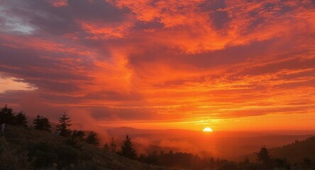 Fiery sunset illuminates the sky over a rolling mountain landscape with scattered trees