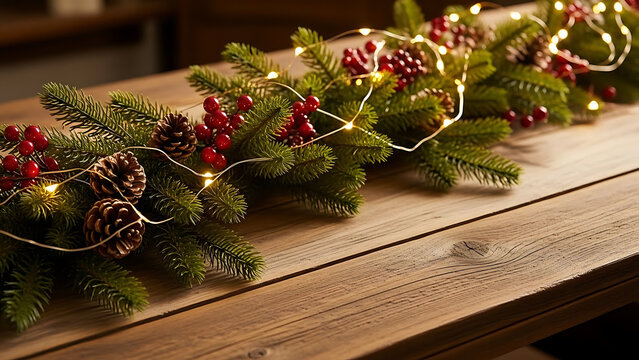 Festive christmas garland with pinecones berries and fairy lights on a wooden table - Powered by Adobe