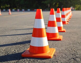 Orange and White Striped Traffic Cones Standing in a Row on an Asphalt Road