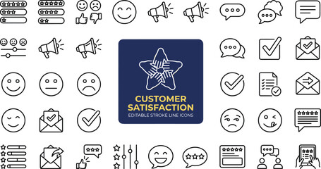 Comprehensive customer satisfaction icon set featuring feedback, reviews, emotions, ratings, communication, surveys, service quality, and support elements in clean modern line style.