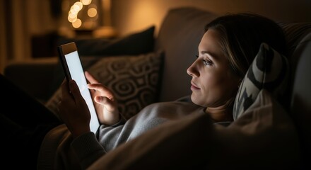 Young woman lying in bed at night watching movie on digital tablet