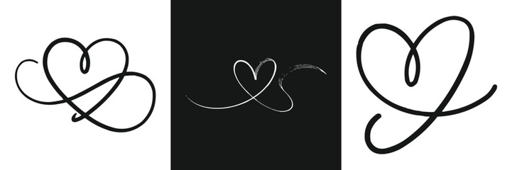 Minimal heart line art set with abstract romantic swirl shapes in black and white continuous stroke style