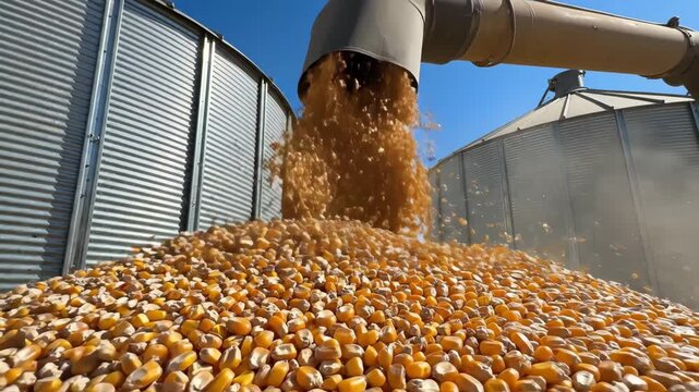 Harvesting Golden Corn Kernels - A close-up shot of golden corn kernels being harvested, pouring from a large pipe into a grain bin. The scene is bathed in sunlight against a clear blue sky.