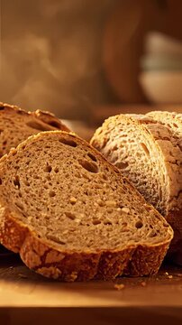 Freshly baked sourdough rye bread loaf, sitting on a rustic wooden board. Rising steam from the warm, sliced whole grain bread adds to the cozy image