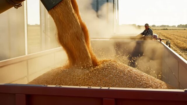 Harvesting Corn with Grain Elevator - Close-up of golden corn kernels flowing freely from a grain elevator into a harvest truck in a rural agricultural field.