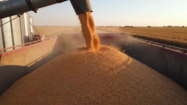 Corn Harvest into Truck - Close-up of golden corn kernels flowing freely from a grain elevator into a harvest truck. The rural agricultural field surrounds the harvest activity.