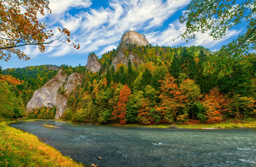 Stunning view of Dunajec river gorge in Pieniny National Park., Poland at sunny autumn day. Dunajec river - popular tourist spot for boat rafting in Poland