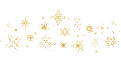 Minimal Golden seamless snowflakes transparent background. Winter Season Design Element for Festive Holiday Greeting, Seasonal Promotions, Or Elegant Winter Themed Decorations. Vector illustration.	