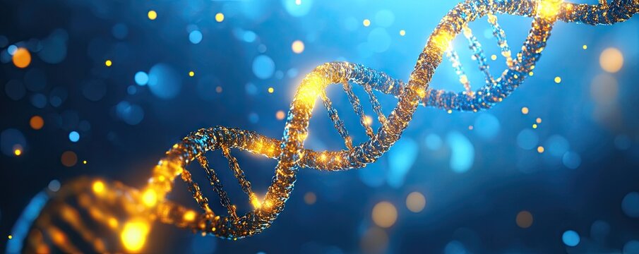 A close-up, abstract digital illustration of a glowing DNA helix strand, rendered in warm orange and gold tones against a dark blue, starry background - Powered by Adobe