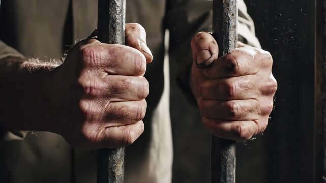 Despair Behind Bars: Gripping Prison Bars - A close-up shot depicts a pair of weathered hands, tightly gripping the cold, metal bars of a prison cell.