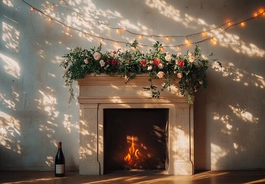 A fireplace with greenery and flowers on the mantel, a bottle of wine in one corner, string lights hanging above it - Powered by Adobe