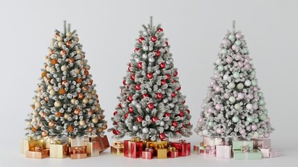 Isolated collection of three photorealistic Christmas spruce trees, one lit with warm lights, one frosted with snow, and one fully green, surrounded by wrapped gift boxes.