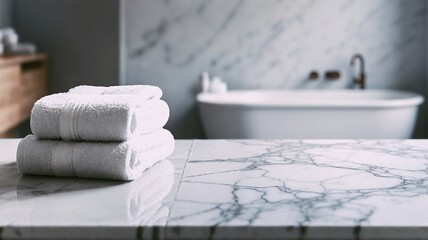 Fototapeta premium Empty marble table top on blurred minimalistic luxury bathroom at apartment, white day light, clean cozy colors. Place for product display, showing products, side view