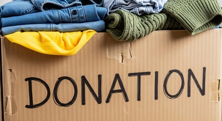 Close-up of cardboard box with Donation label