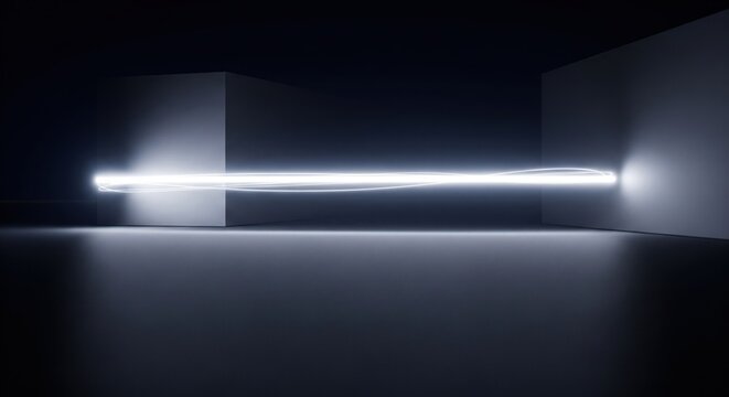 Futuristic, geometric scene; glowing, ethereal light beam suspended in a dark, minimalist space
