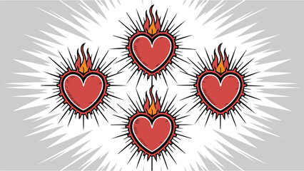 Flaming sacred heart pattern illustration with radiant burst lines in bold vintage tattoo style