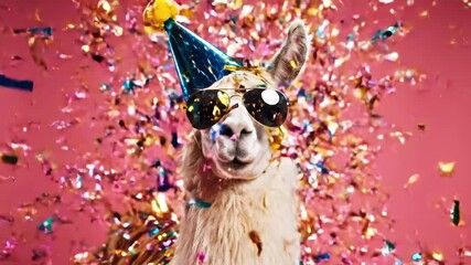 Party Llama with Confetti - A llama wears a blue party hat and sunglasses, looking directly at the camera. Colorful confetti falls around the llama against a pink background.