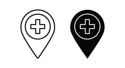 Medical Cross Map Pin Location Icon Set (Outline & Solid)