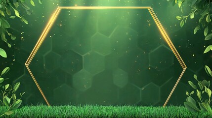 A green background with golden lines, a green hexagonal frame in the middle