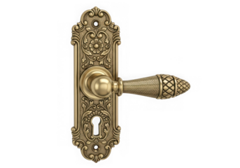 Ornate vintage brass door handle intricate decorative carvings on a backplate, isolated on transparent background