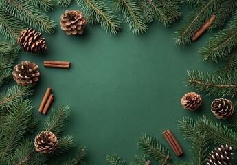 A green background with pine branches, cinnamon sticks, and pine cones 