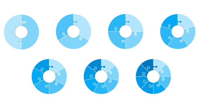 Set of vector infographic puzzle circular templates. Cycle diagrams with 2 ,3, 4, 5, 6, 7, 8 parts, options. Can be used for chart, graph, report, presentation, web design