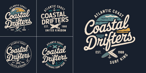 Vintage coastal drifters surf badge set with retro ocean wave illustration crossed boards nautical elements and bold script typography © Vectyx