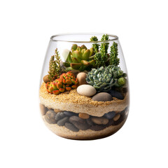 Lush green and orange succulents thriving in a modern glass terrarium with decorative sand and pebbles.
