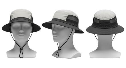 Three Views of a Versatile Bucket Hat for Outdoor Activities.
