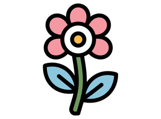 Illustration of a pink flower with a yellow center and two blue leaves on a green stem