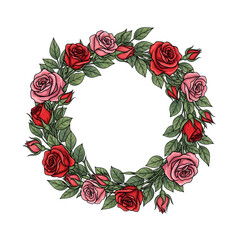 Beautiful Hand-Drawn Floral Wreath Illustration Featuring Vibrant Red and Soft Pink Roses with Green Leaves on a Transparent Background