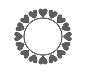 A circular frame decorated with gray hearts arranged around its perimeter evenly spaced