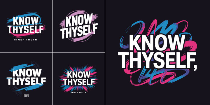 Bold know thyself typography set with vibrant brush stroke effects neon colour accents and modern motivational graphic style