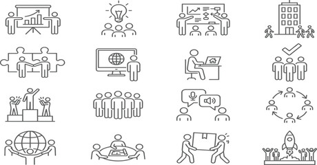 Business teamwork and management line icons set, corporate strategy, collaboration, office meeting, human resources, startup success, vector symbols.