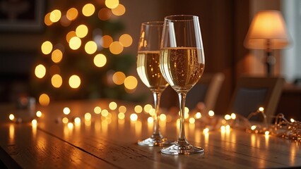 Two glasses on new year decorated table
